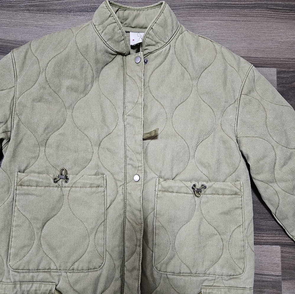 Women's Joie Military Green Quilt Jacket  Crop Insulated Casual Cotton Sz XS
